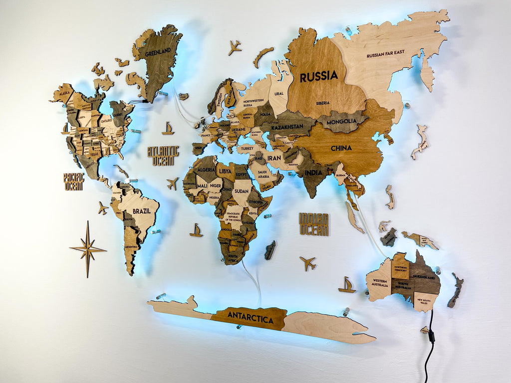 LED 3D Wooden Multilayer world map color Wonder