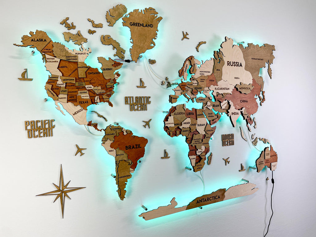 LED 3D Wooden Multilayer world map color Memphis