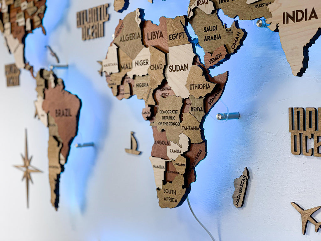 LED 3D Wooden Multilayer world map color Memphis