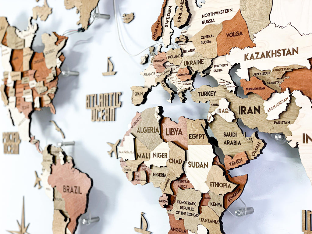 LED 3D Wooden Multilayer world map color Memphis