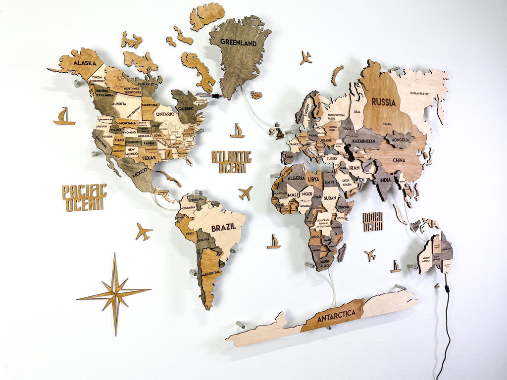 LED 3D Wooden Multilayer world map color Wonder