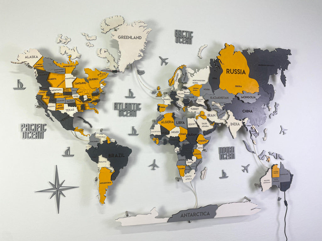 LED 3D Wooden Multilayer world map color Urban