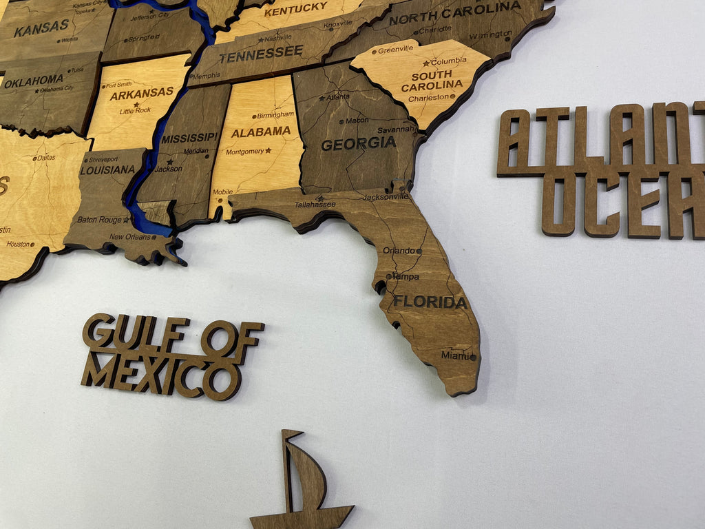 Wooden USA Map  – With Rivers, color Elis