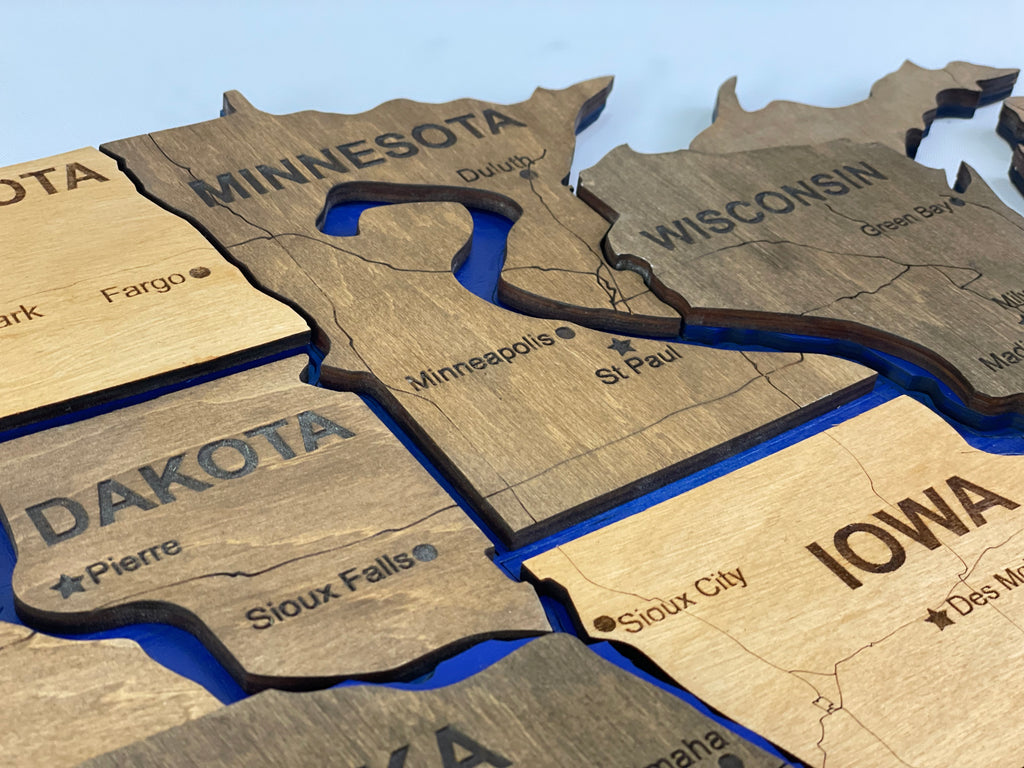 Wooden USA Map  – With Rivers, color Elis