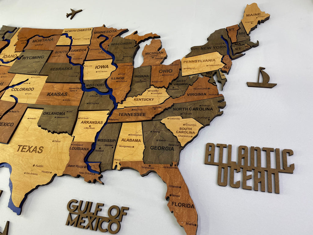 Wooden USA Map  – With Rivers, color Warm