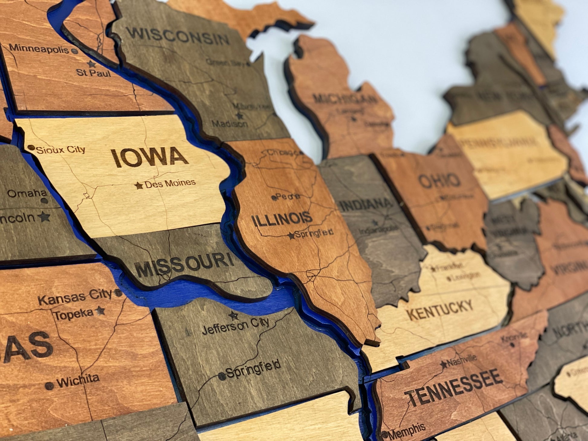 Wooden USA Map  – With Rivers, color Warm