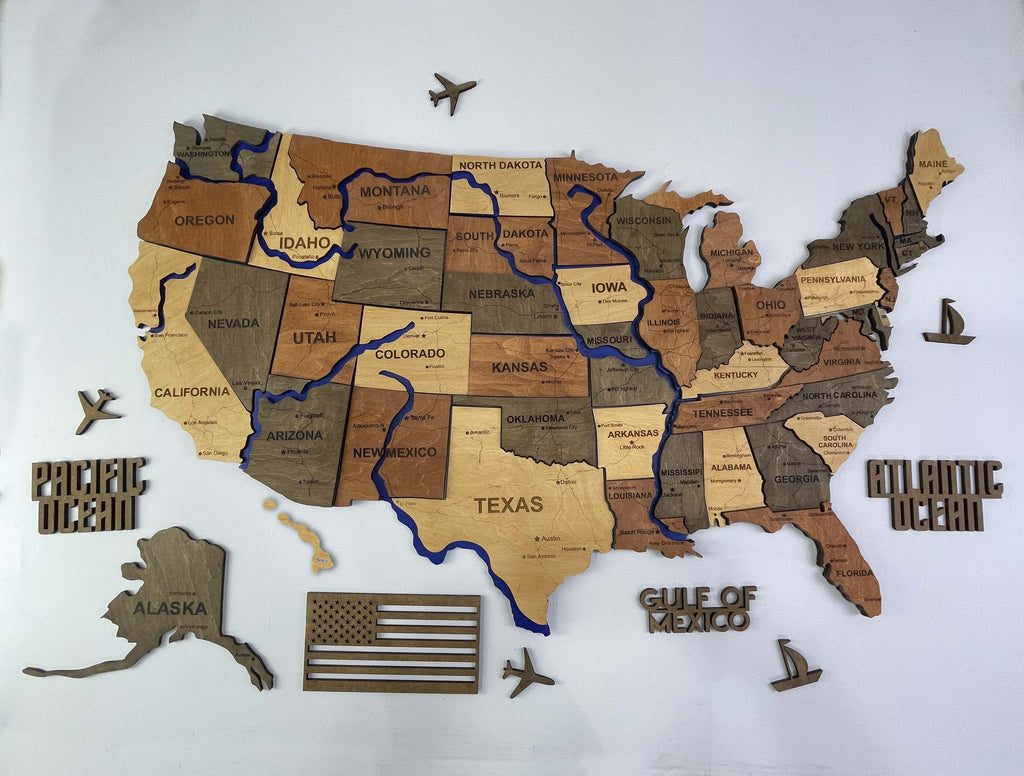 Wooden USA Map  – With Rivers, color Warm