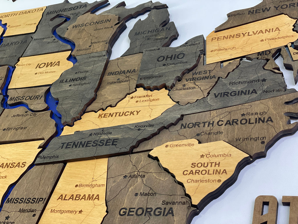 Wooden USA Map  – With Rivers, color Brut