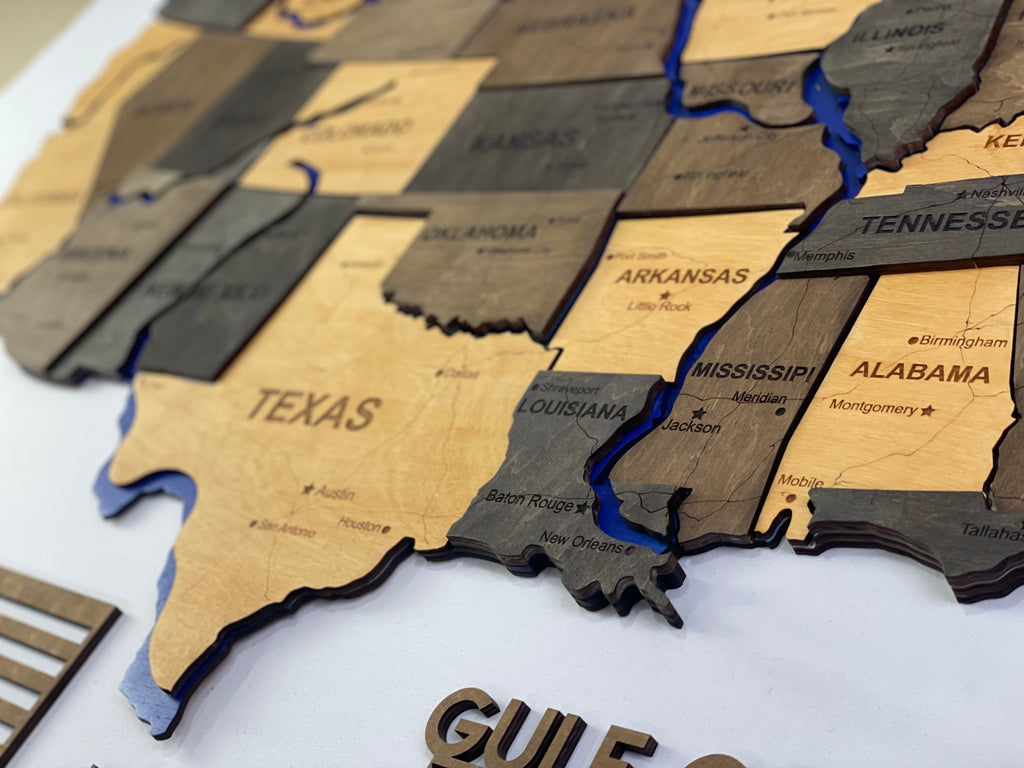 Wooden USA Map  – With Rivers, color Brut