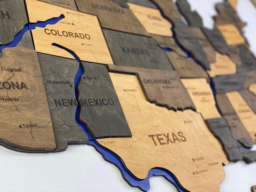Wooden USA Map  – With Rivers, color Brut
