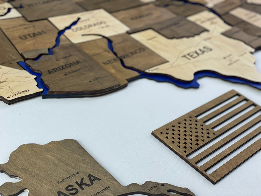 Wooden USA Map  – With Rivers, color Wonder