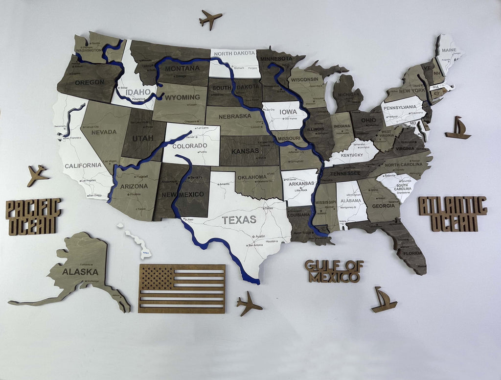 Wooden USA Map  – With Rivers, color Black&White
