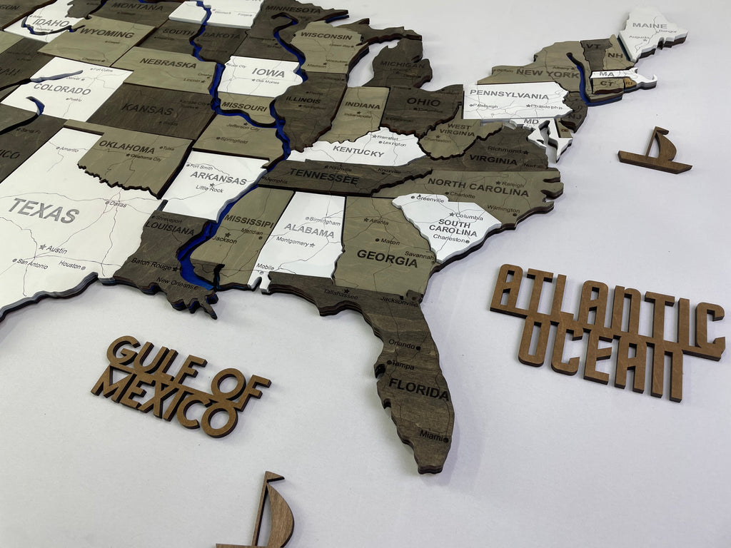 Wooden USA Map  – With Rivers, color Black&White