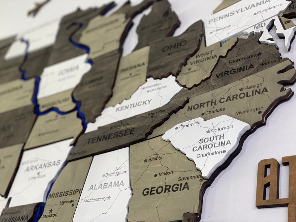Wooden USA Map  – With Rivers, color Black&White