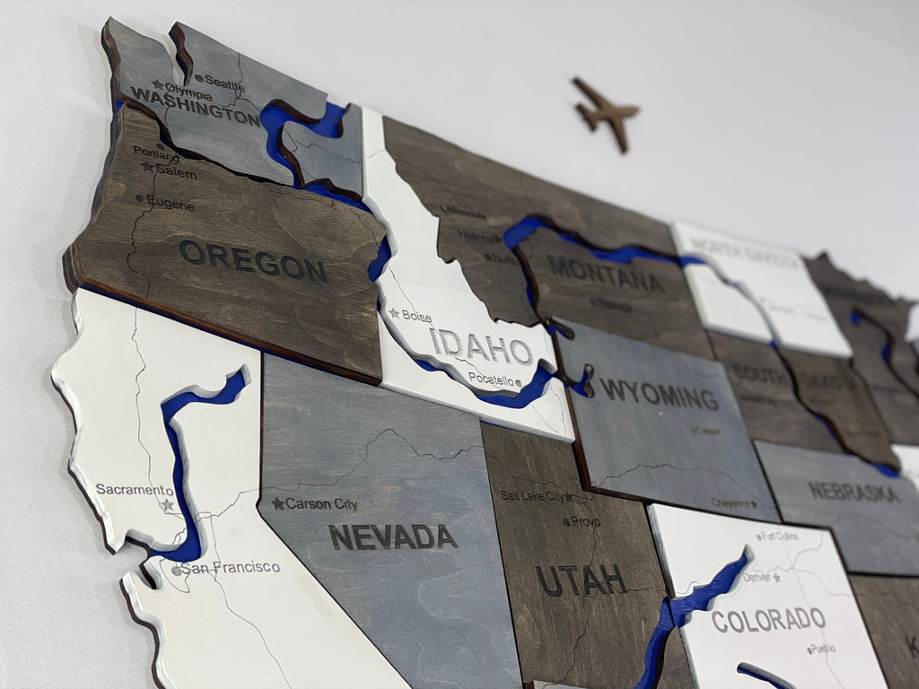 Wooden USA Map  – With Rivers, color Loft