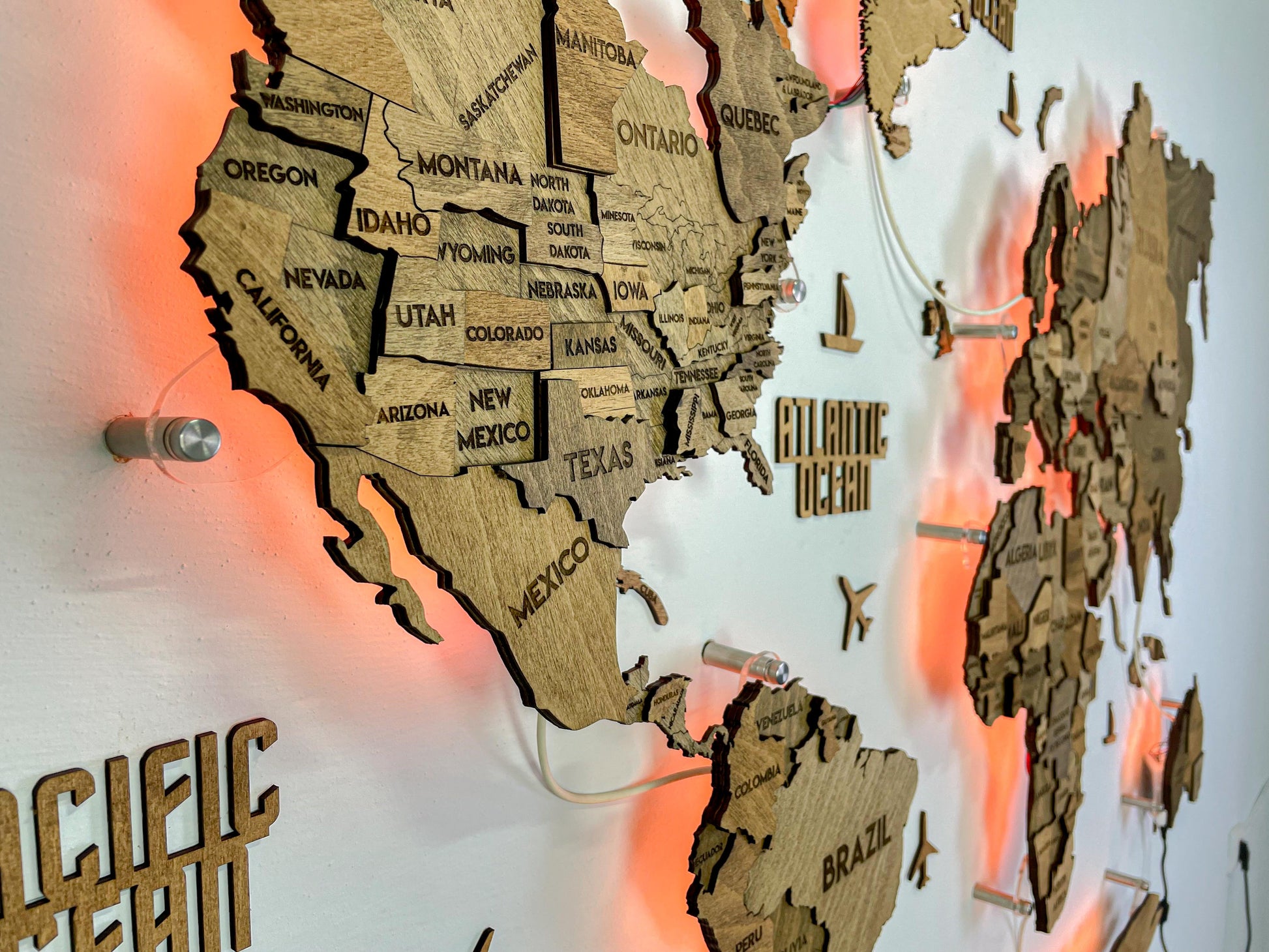 LED 3D Wooden Multilayer world map color Brown