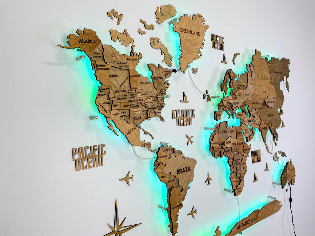LED 3D Wooden Multilayer world map color Brown