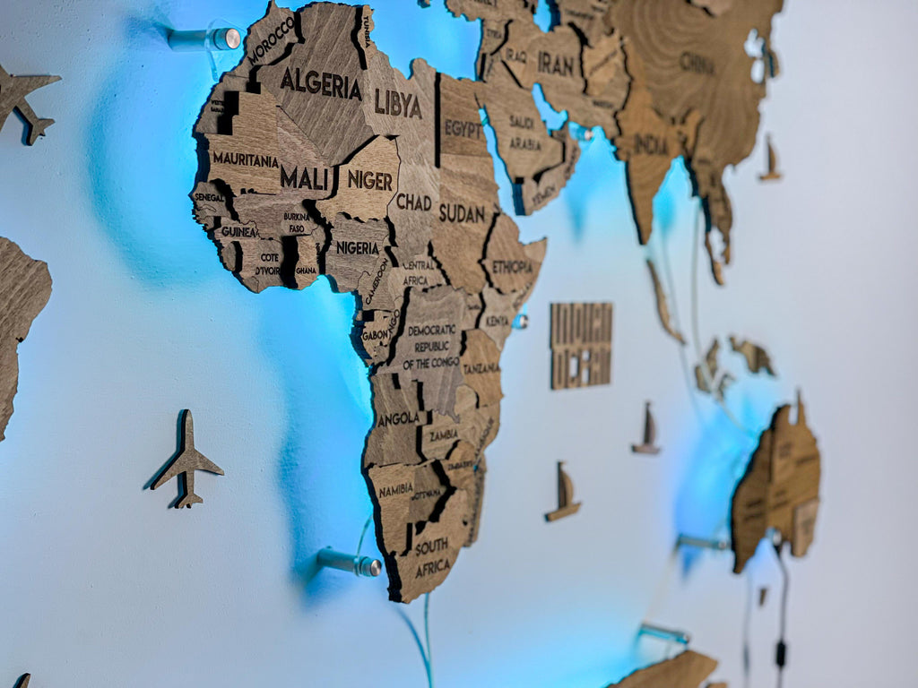 LED 3D Wooden Multilayer world map color Brown