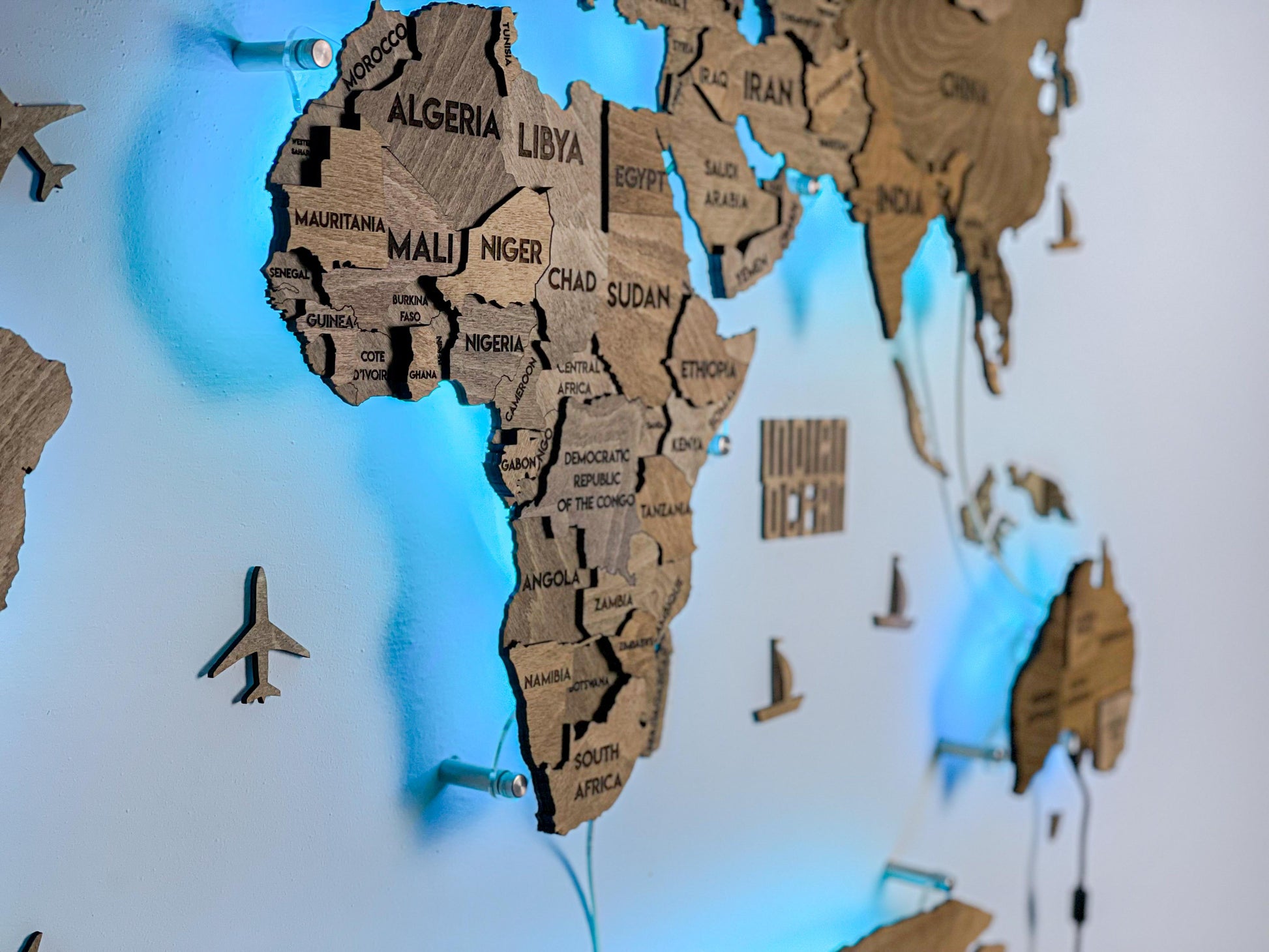 LED 3D Wooden Multilayer world map color Brown