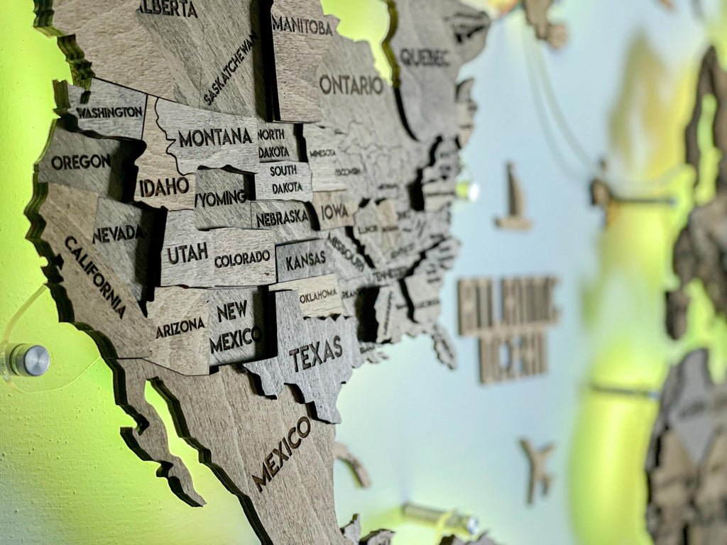 LED 3D Wooden Multilayer world map color Brown