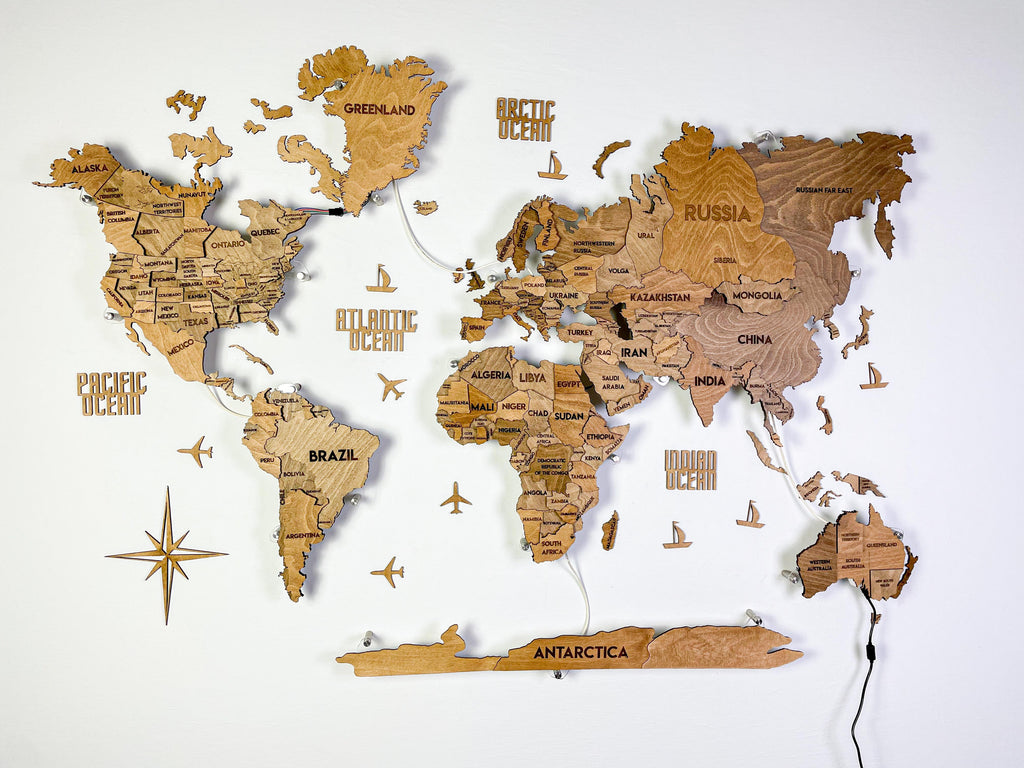 LED 3D Wooden Multilayer world map color Brown