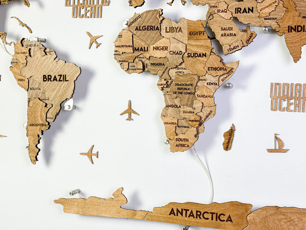 LED 3D Wooden Multilayer world map color Brown