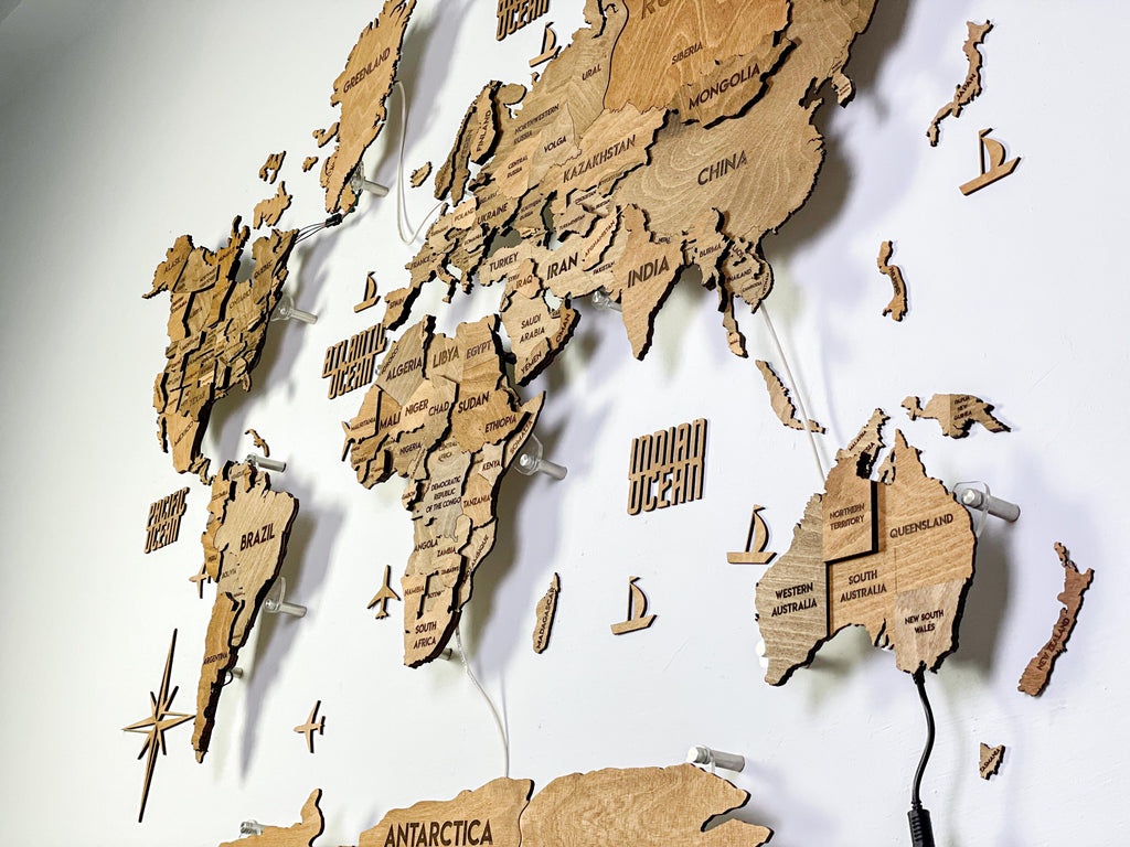 LED 3D Wooden Multilayer world map color Brown