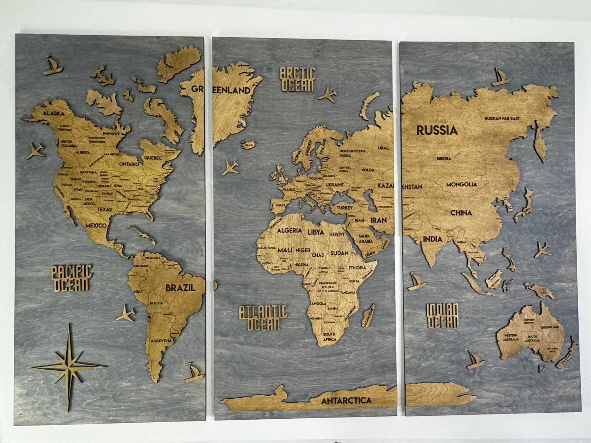 Wooden World Map Panel 2 for Wall with LED Lighting