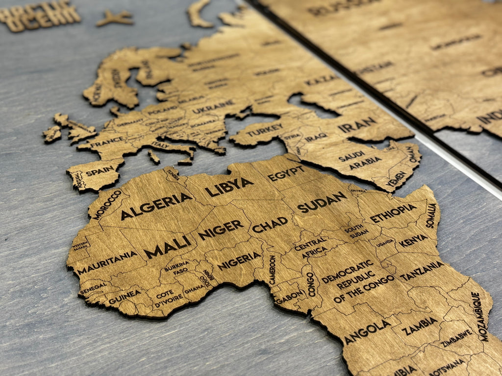 Wooden World Map Panel 2 for Wall with LED Lighting