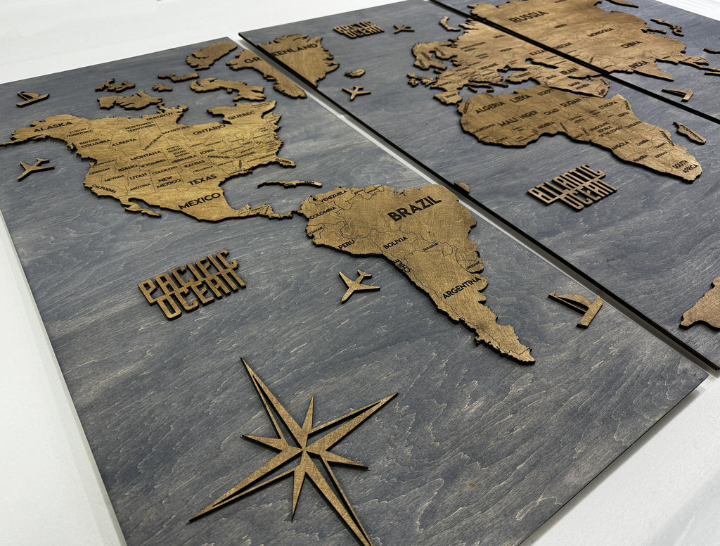 Wooden World Map Panel 2 for Wall with LED Lighting