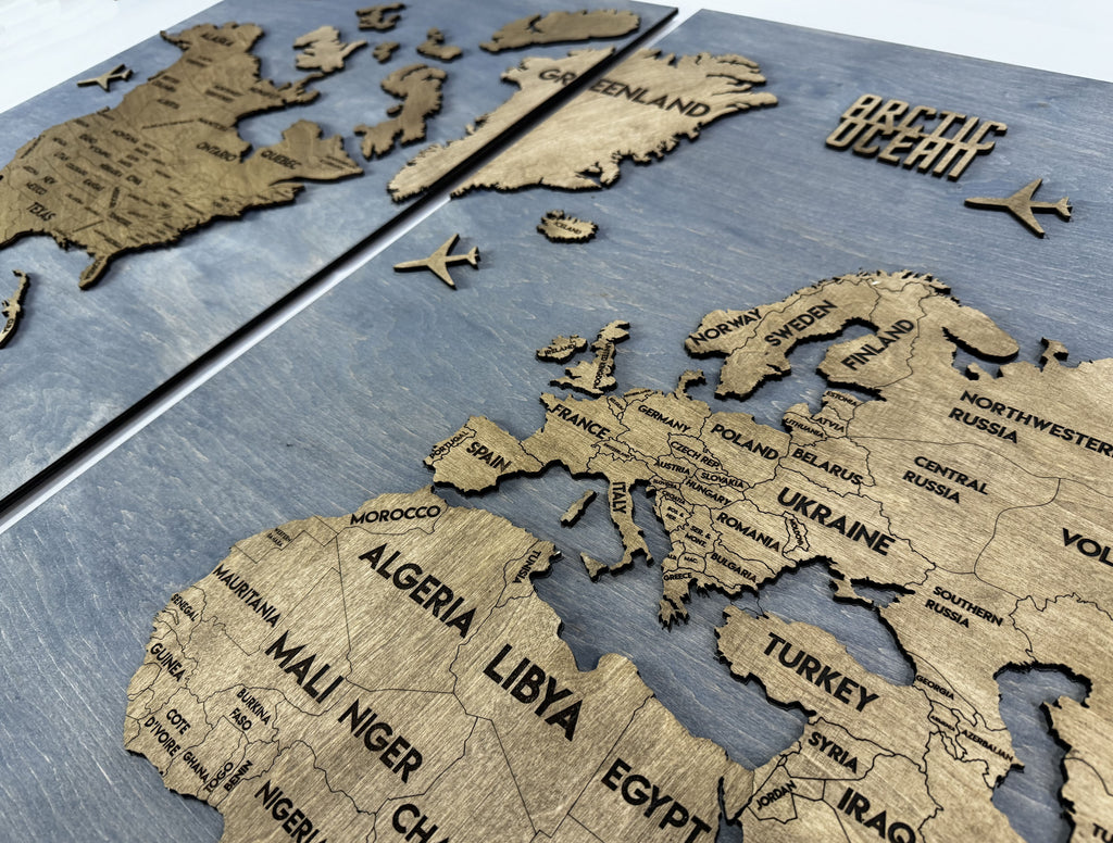 Wooden World Map Panel 2 for Wall with LED Lighting