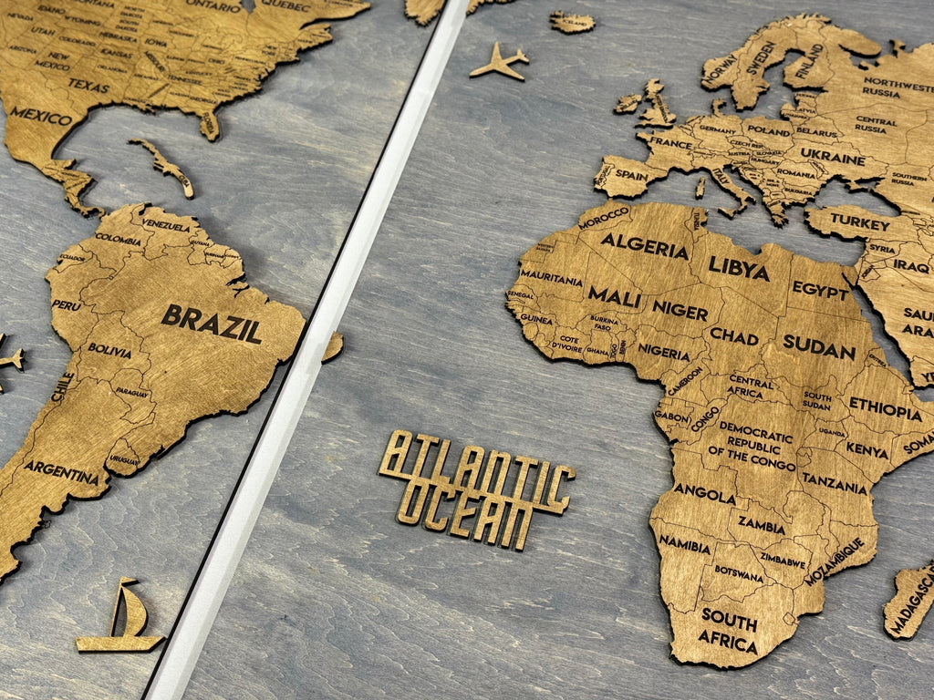 Wooden World Map Panel 2 for Wall with LED Lighting