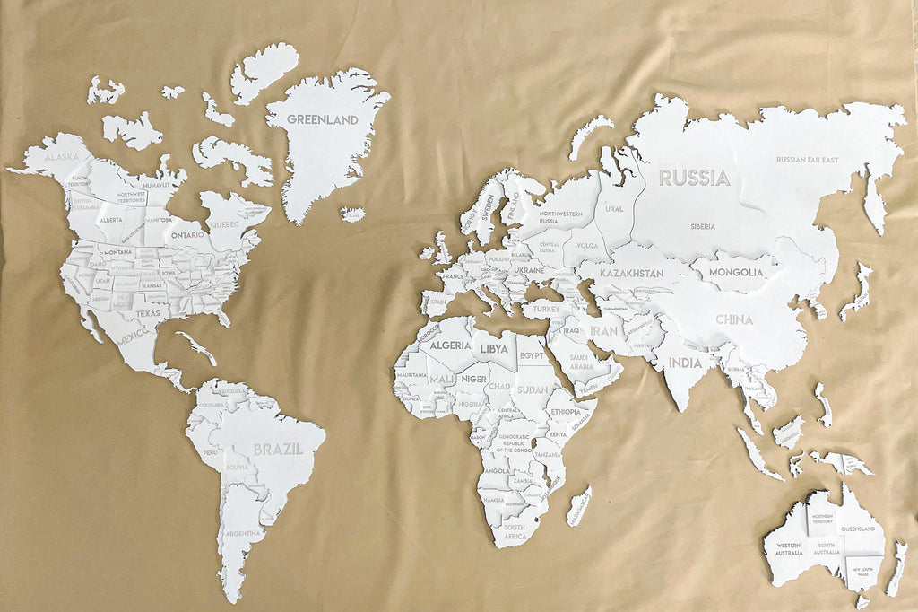 3D Wooden Multilayer world map color White