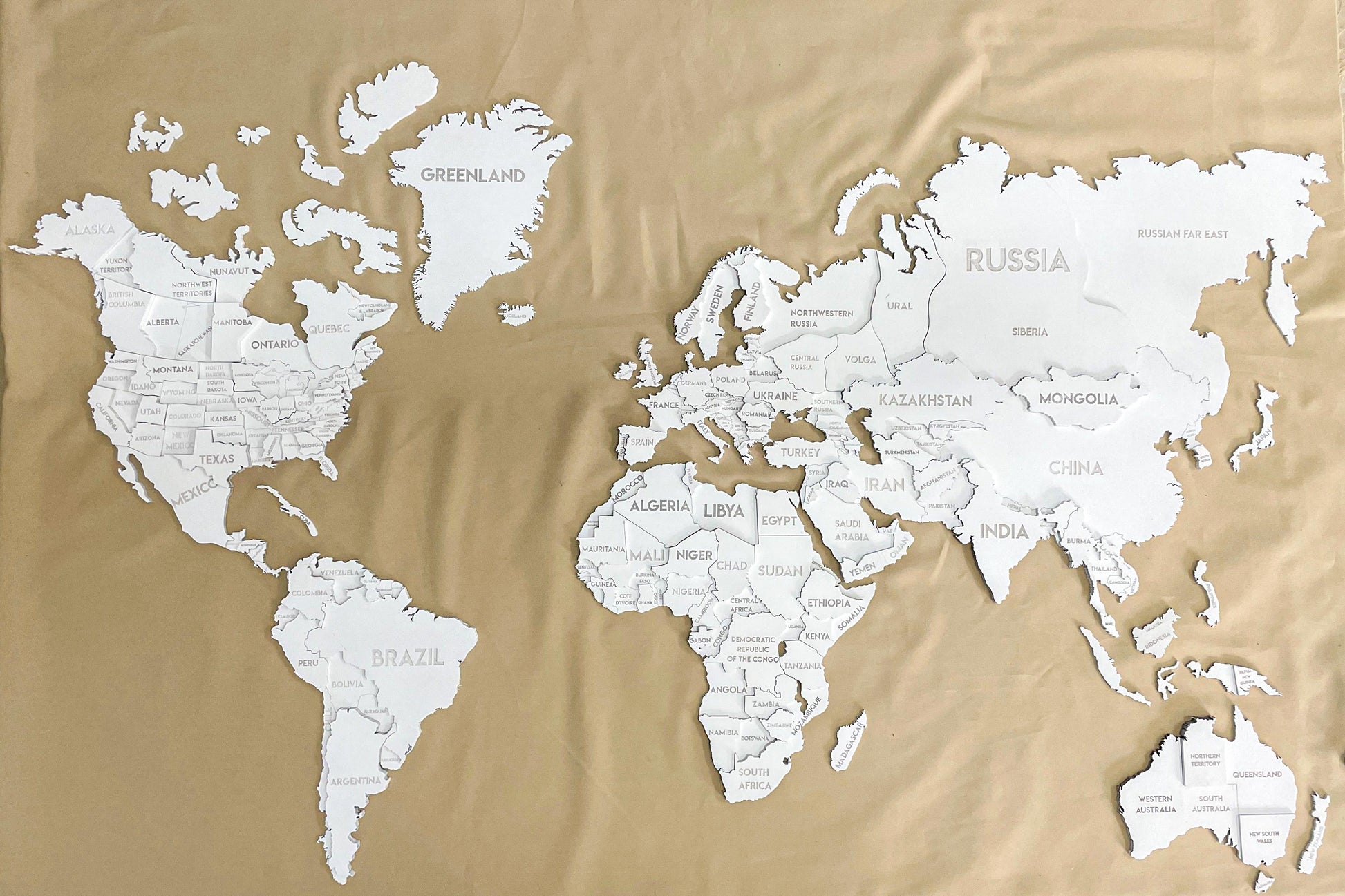 3D Wooden Multilayer world map color White