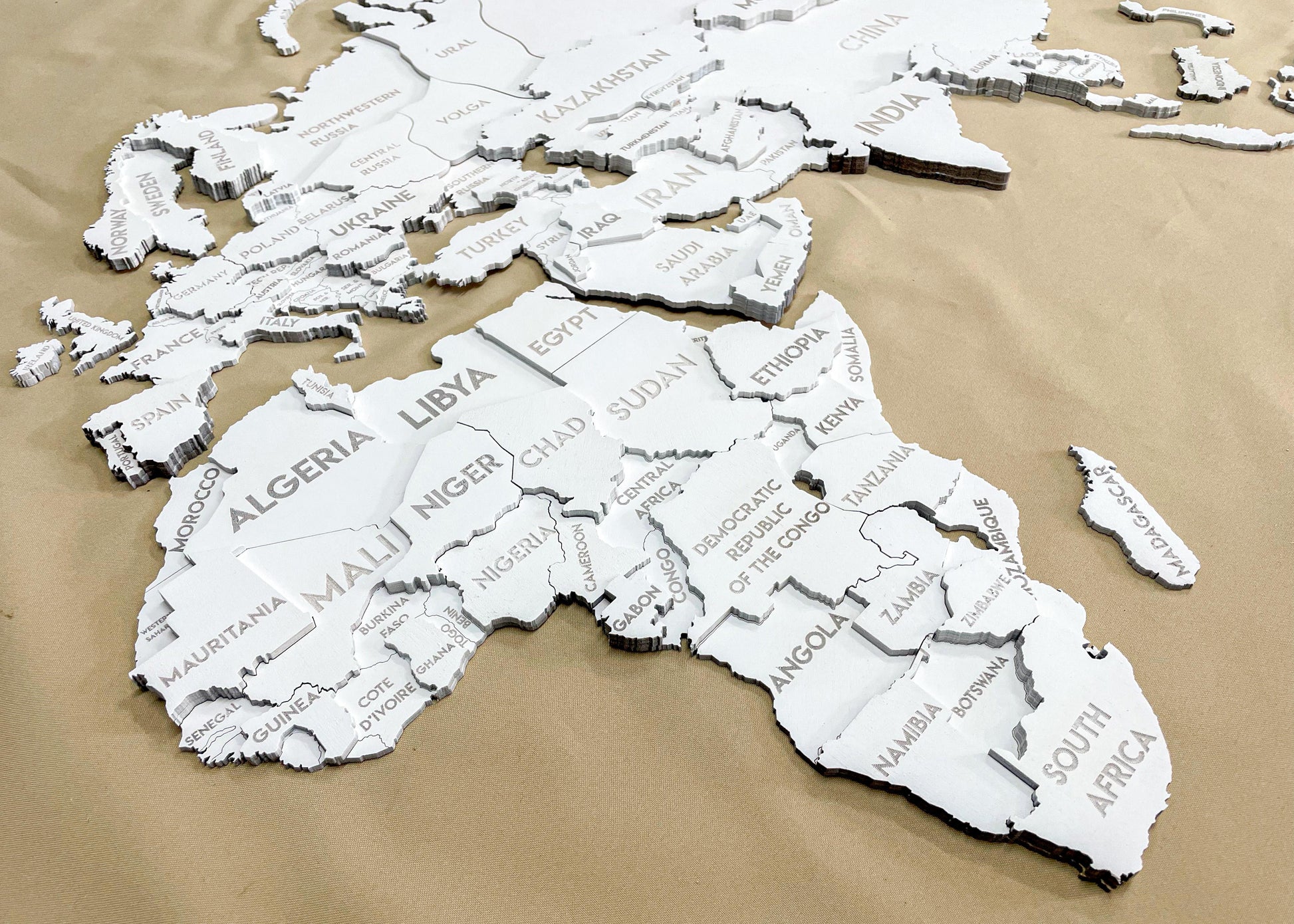 3D Wooden Multilayer world map color White
