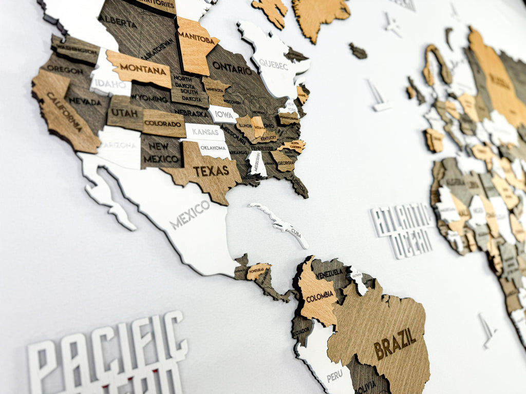 3D Wooden Multilayer world map color Capucino