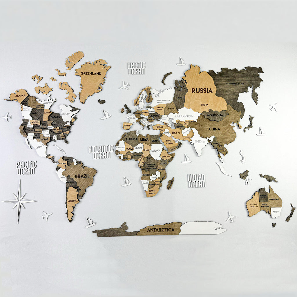 3D Wooden Multilayer world map color Capucino