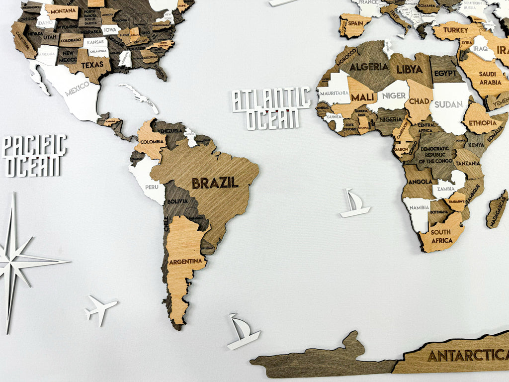 3D Wooden Multilayer world map color Capucino