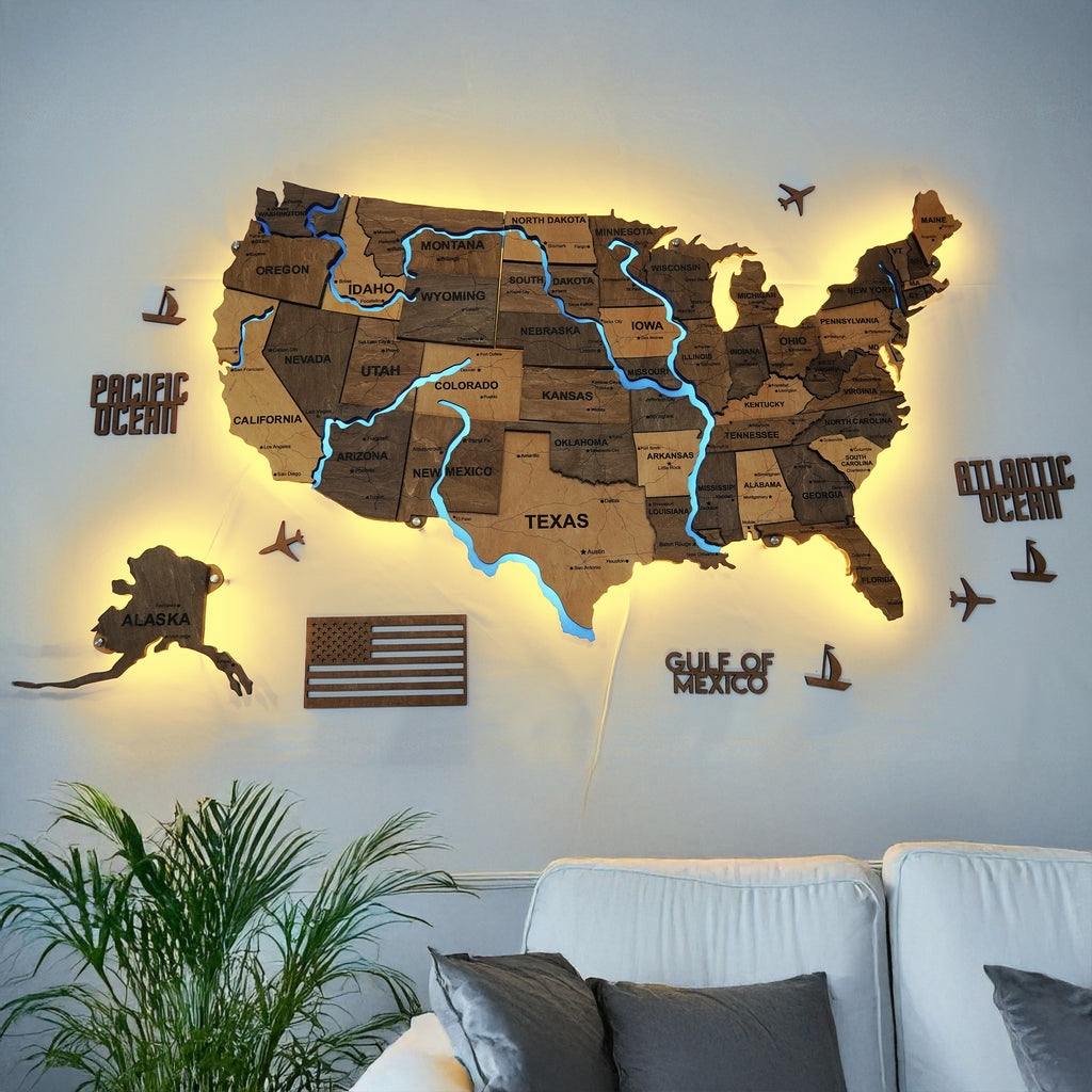 Wooden USA Map With LED – With Rivers, color Elis
