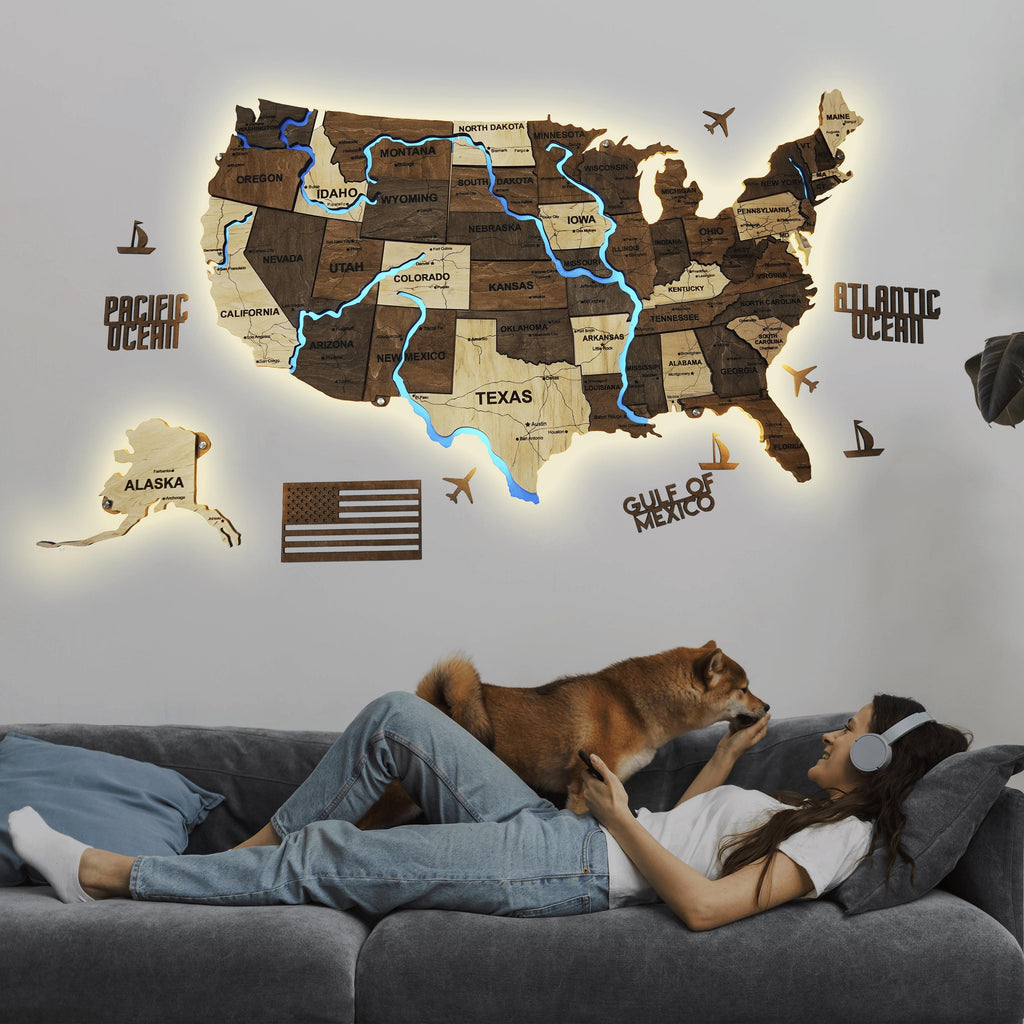 Wooden USA Map With LED – Illuminated Wall Map With Rivers, 3D Wood USA Decor For Living Room Or Office, Rustic Gift For Men