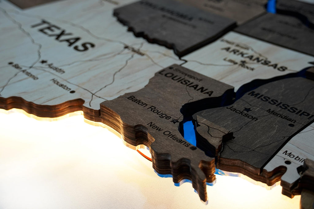 Wooden USA Map With LED – Illuminated Wall Map With Rivers, 3D Wood USA Decor For Living Room Or Office, Rustic Gift For Men