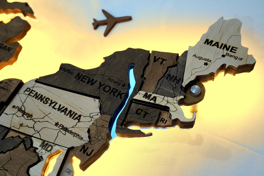 Wooden USA Map With LED – Illuminated Wall Map With Rivers, 3D Wood USA Decor For Living Room Or Office, Rustic Gift For Men