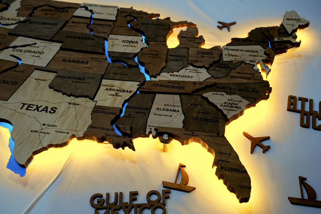 Wooden USA Map With LED – Illuminated Wall Map With Rivers, 3D Wood USA Decor For Living Room Or Office, Rustic Gift For Men