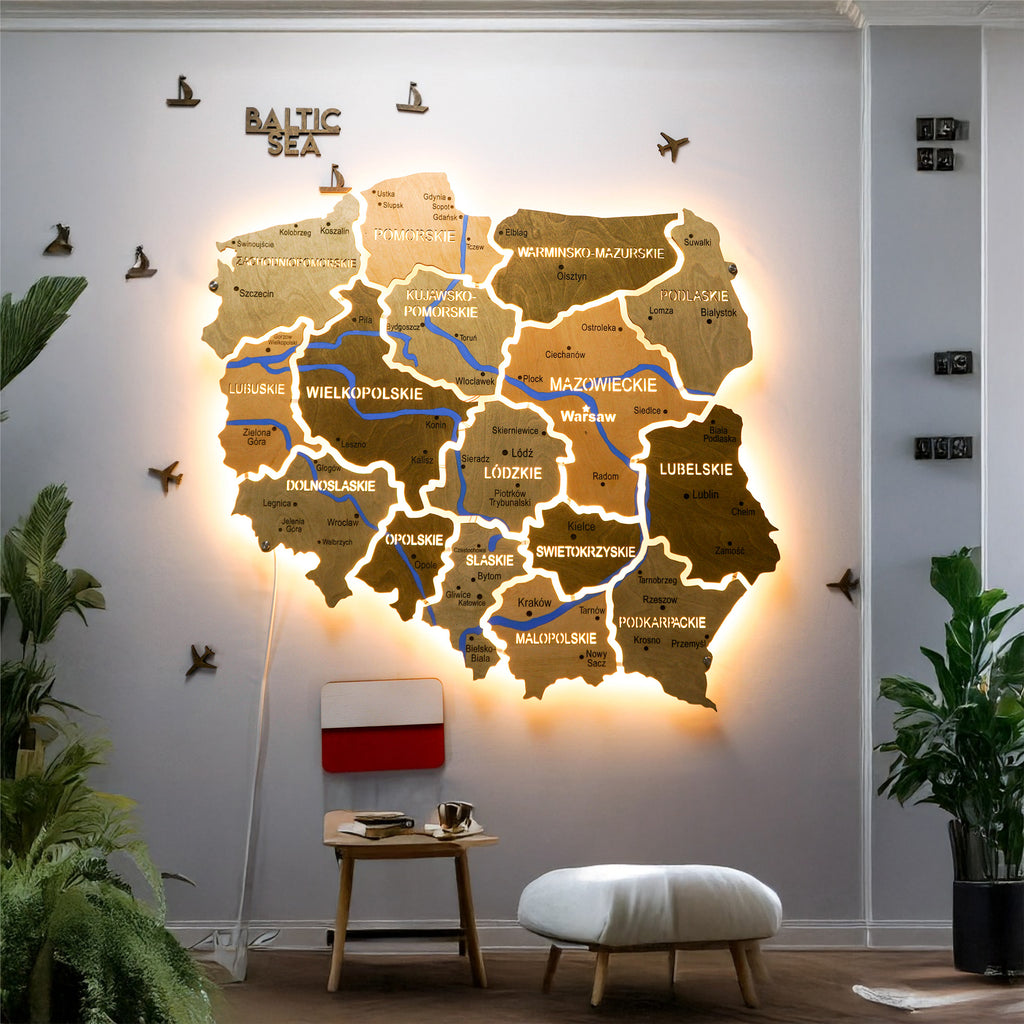 Poland LED map on acrylic with backlighting between regions color Light Tree — buy | FACTURA