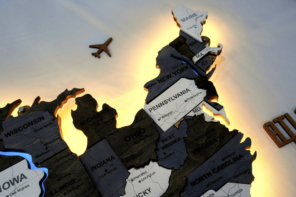 Wooden USA Map With LED – With Rivers, color Loft