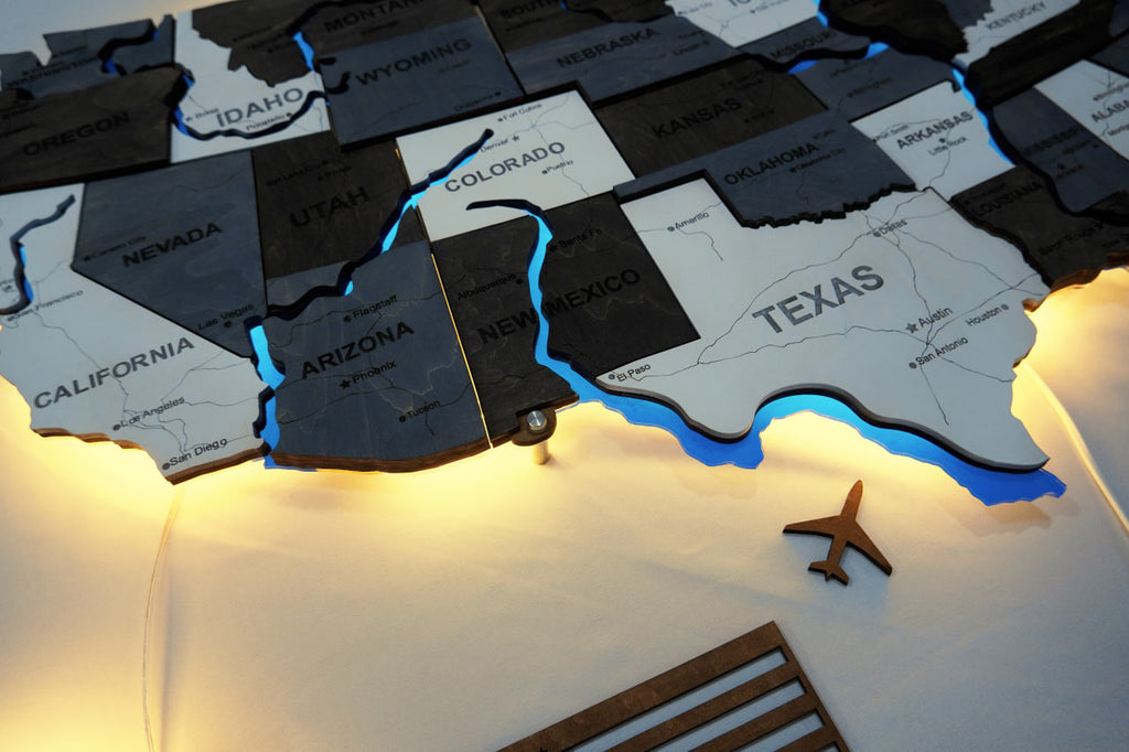 Wooden USA Map With LED – With Rivers, color Loft