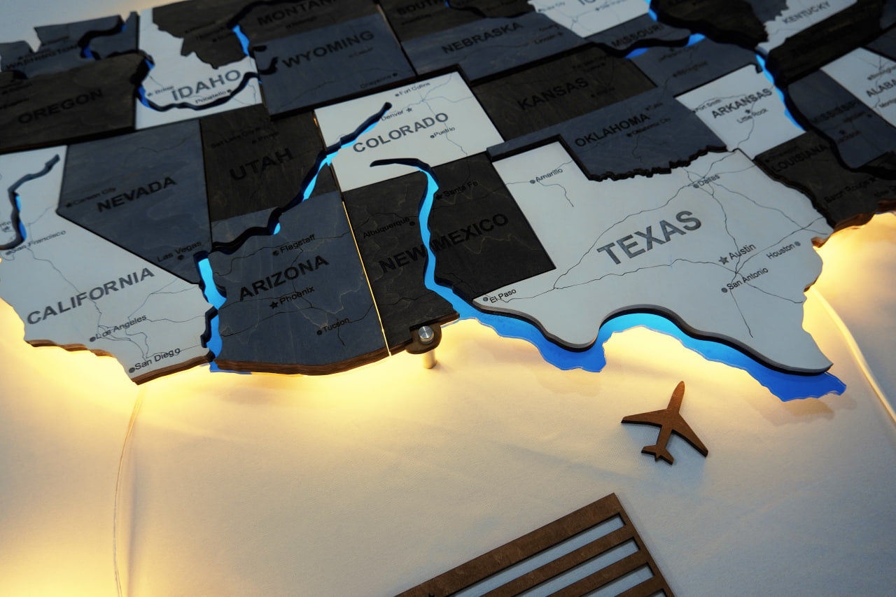 Wooden USA Map With LED – With Rivers, color Loft