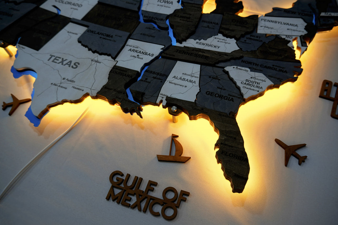 Wooden USA Map With LED – With Rivers, color Loft