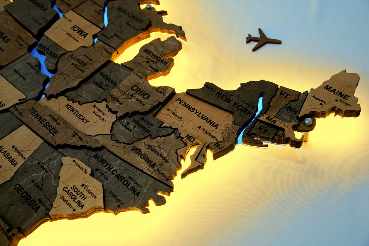 Wooden USA Map With LED – With Rivers, color Elis