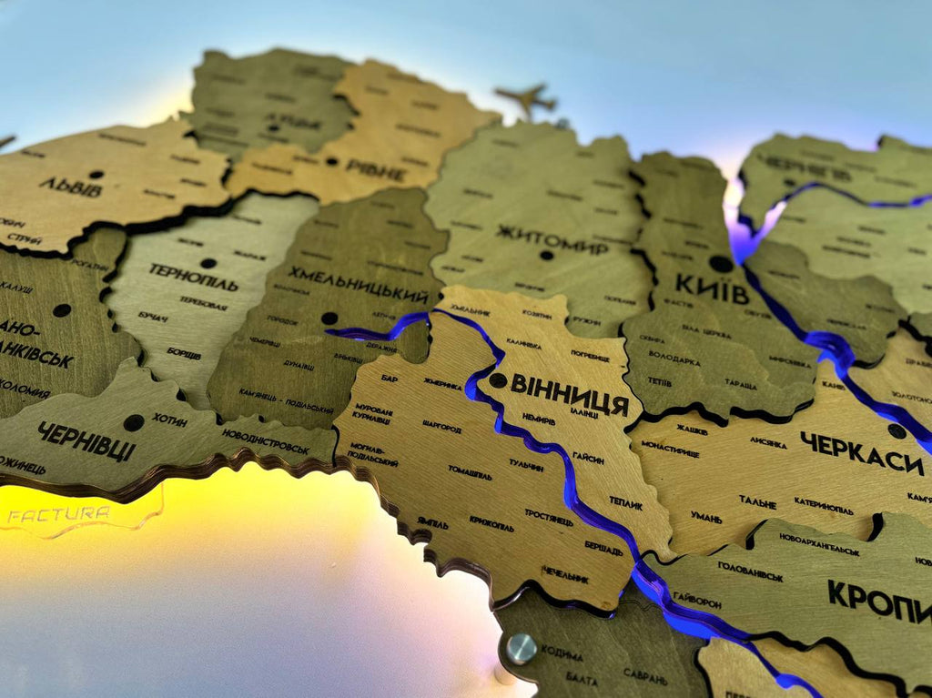 Detailed multilayer Ukraine LED map with backlighting of rivers color Light Tree
